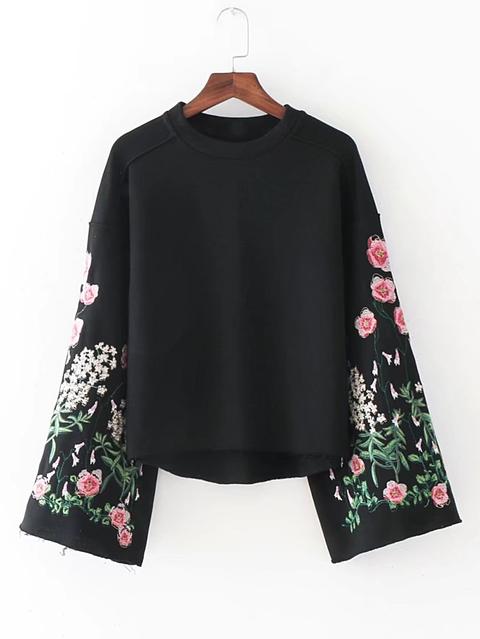 Bell Sleeve Flower Embroidery Sweatshirt