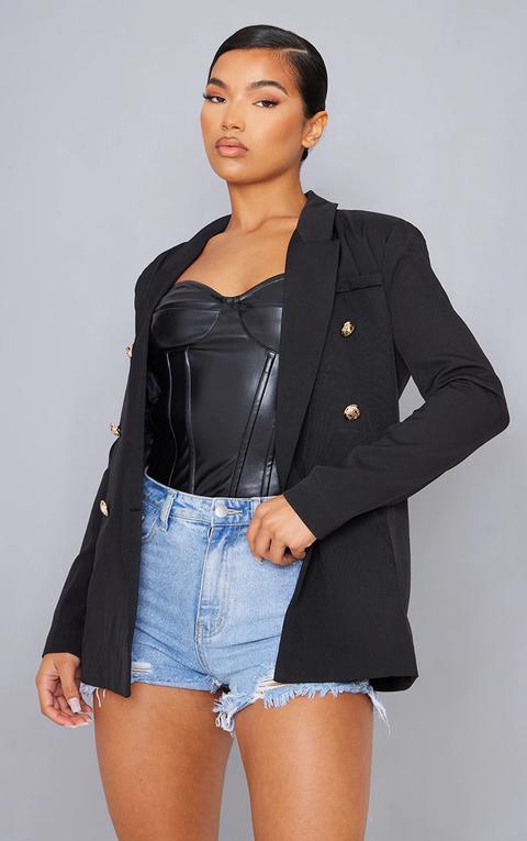 Black Double Breasted Military Style Woven Blazer