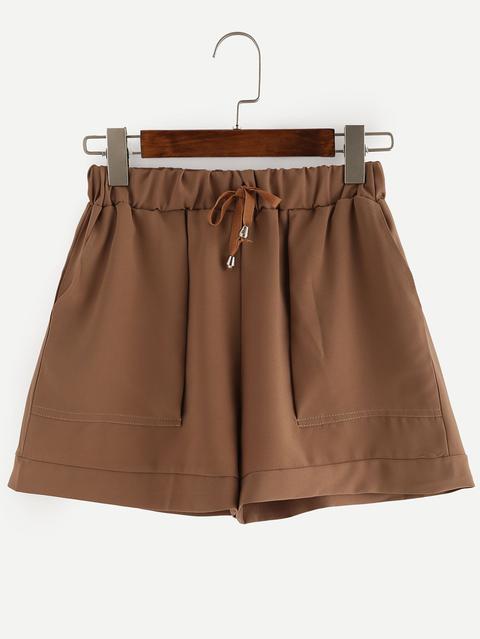 Shorts Cintura Con Cordón Ancho -marrón