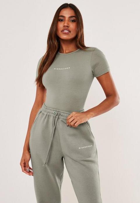 Khaki Crew Neck Missguided Cap Sleeve Bodysuit, Kahki