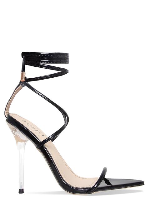 Gizel Black Patent Pointed Lace Up Clear Heels