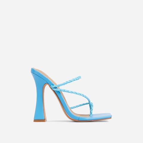 Tahiti Strappy Plait Detail Square Toe Heel Mule In Blue Faux Leather, Blue