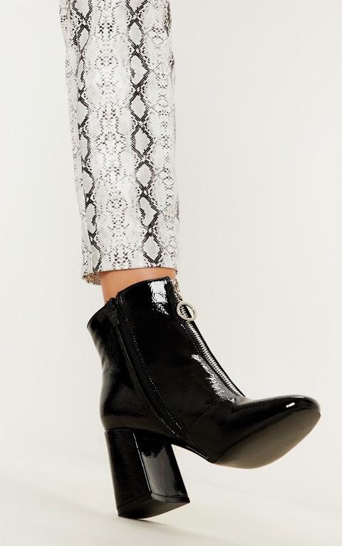 black patent zip front boots