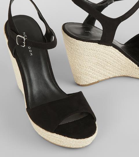 Black Wedged Espadrille Heeled Sandals