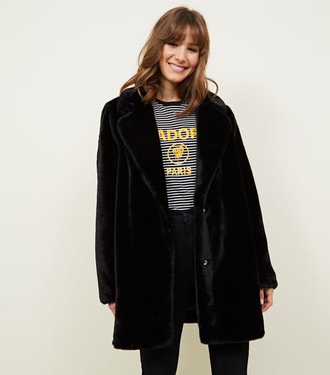 Black Faux Fur Longline Coat New Look