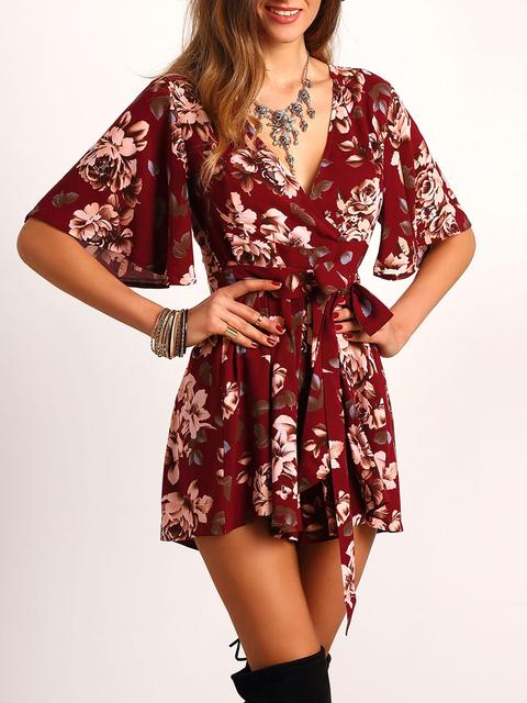 Red V Neck Floral Tie Waist Jumpsuit