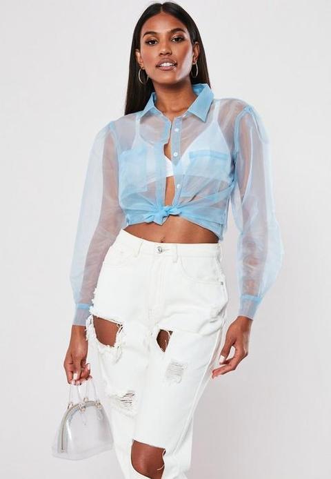 Blue Organza Puff Sleeve Shirt, Blue