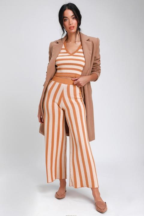 Standout Beige Striped Sweater Knit Wide-leg Pants - Lulus