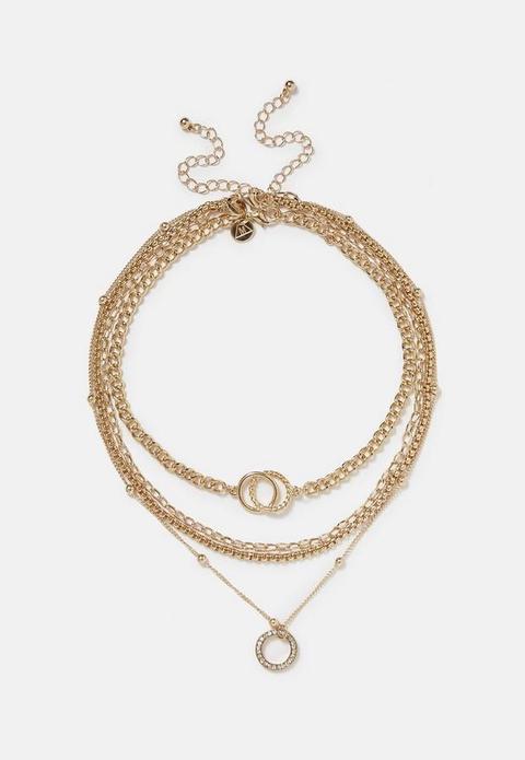 Gold Look Linked Ring Choker Layered Necklace, Gold