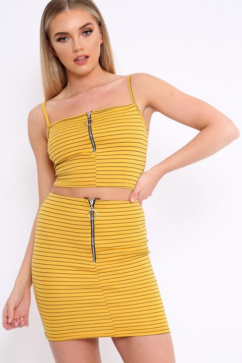 Mustard Stripe Ring Zip Front Mini Skirt And Bralet - Rosi