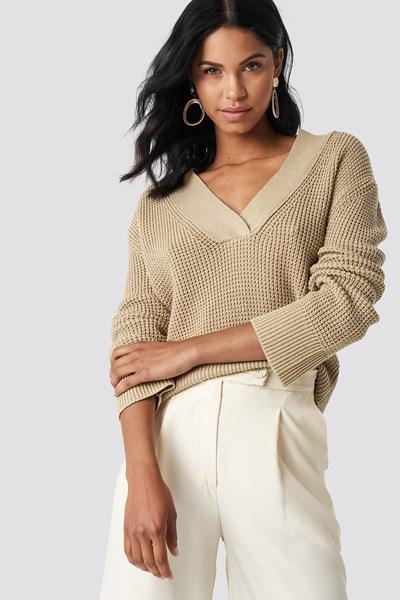 Na-kd Wide Rib V-neck Knitted Sweater - Beige