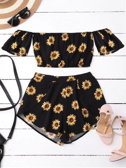 Top Corto De Hombro Descubierto Y Shorts De Girasol Black