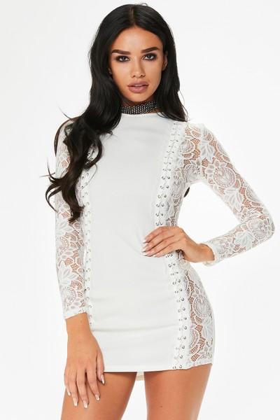 Candice White Lace Eyelet Detail Bodycon Dress