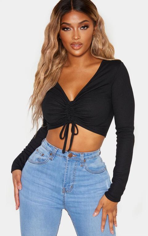 Shape Black Ribbed Long Sleeve Ruched Front Crop Top