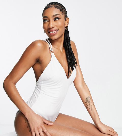 Asos Design Tall Recycled Ring Detail Strappy Back Swimsuit In White