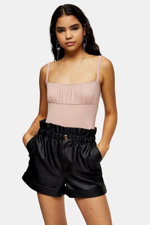 Beige Ruched Square Neck Bodysuit