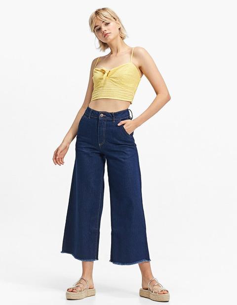 Pantalone Cropped Gamba Larga In Denim Jeans Medio