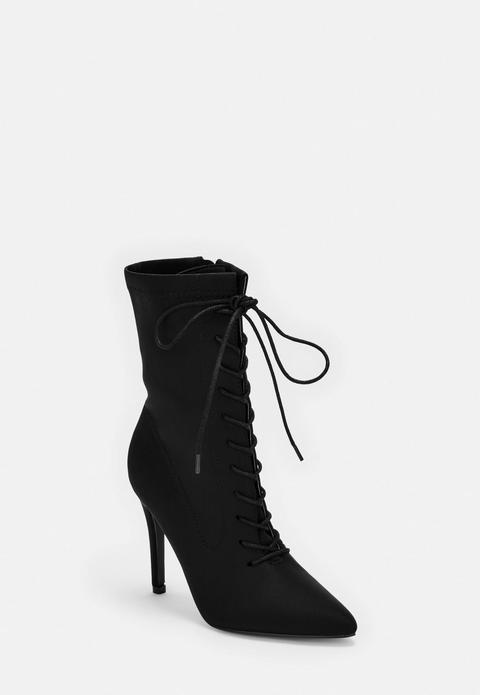 Black Pointed Lace Up Heeled Ankle Sock 