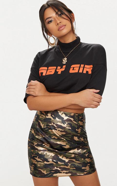 Khaki Faux Leather Camo Print Mini Skirt, Green