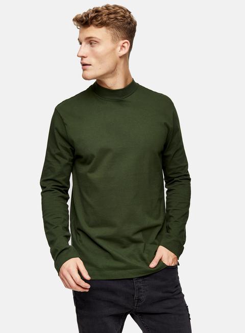 Mens Green Turtle Neck Long Sleeve T-shirt, Green