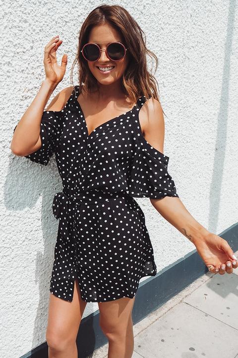 Black Dresses - Binky Black Polka Dot Cold Shoulder Button Down Dress