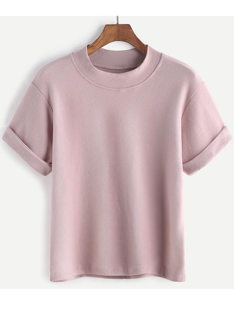 Pink Rolled Sleeve Casual T-shirt