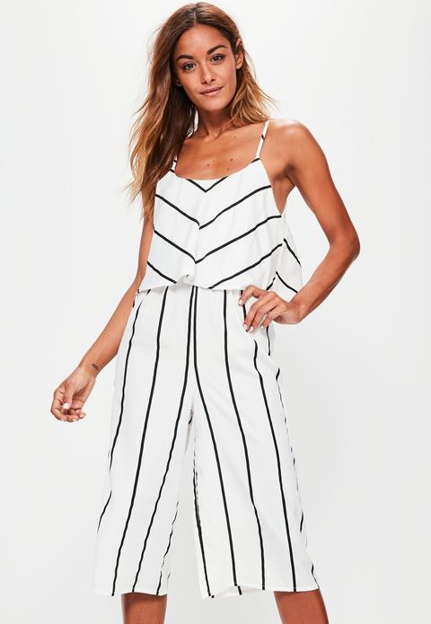 White Striped Double Layer Culotte Jumpsuit