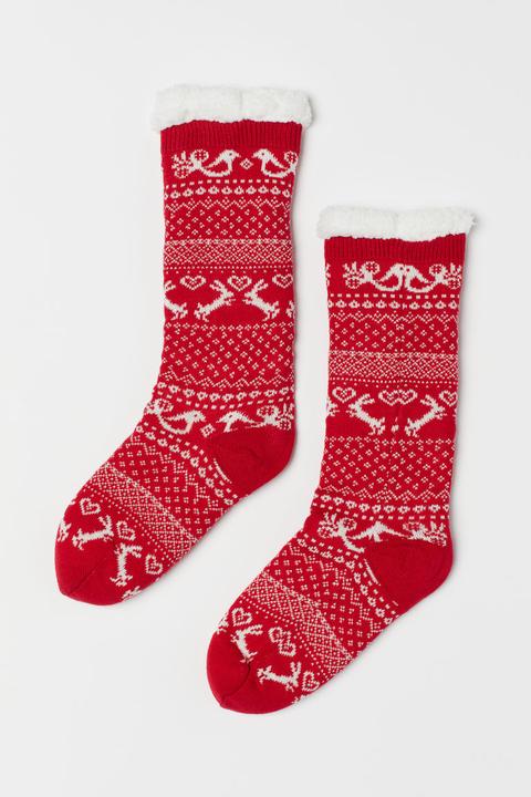 H & M - Calzettoni Con Pelliccia Pile - Rosso