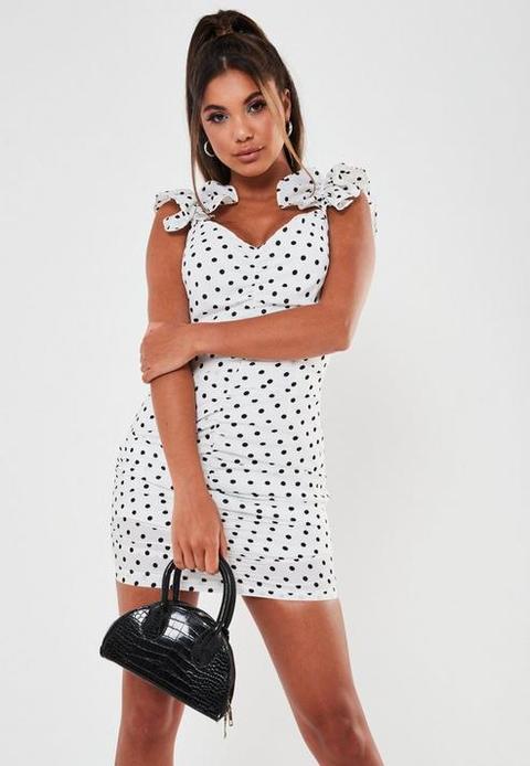 White Polka Dot Ruffle Front Mini Dress, White