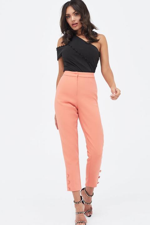 Self Fabric Button Detail Tapered Trouser In Papaya