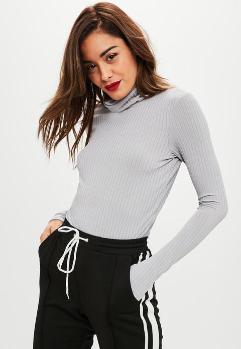 Grey Ribbed Roll Neck Long Sleeve Top, Grey