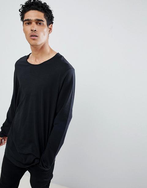 Esprit Longline Long Sleeve T-shirt With Curved Hem In Black