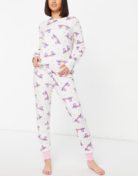 Pijama Largo Crema Con Estampado De Koalas Y Arcoíris De Chelsea Peers-beis Neutro