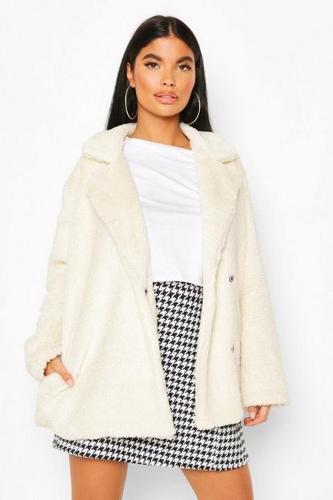 Petite Double Breasted Cropped Teddy Coat, Blanco