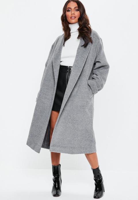 Grey Brushed Shawl Collar Midi Coat from Missguided on 21 Buttons