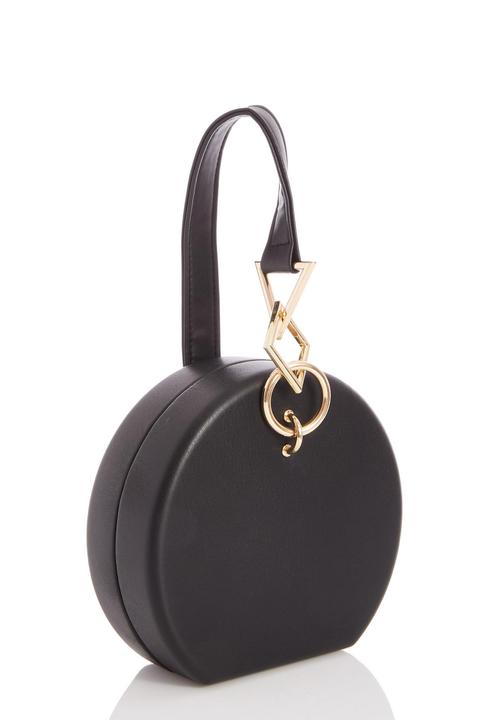 Black Faux Leather Chain Handle Round Bag