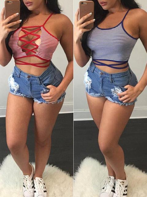 Women Sexy Fashion Striped Lace Up Tank Tops