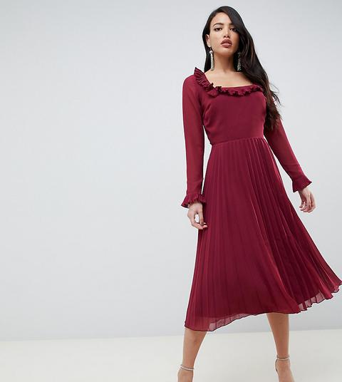 Vestido Midi Con Cuello Cuadrado Y Diseño Plisado Con Volantes De Asos Design Tall-rojo