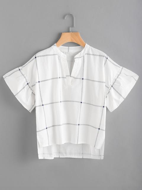 Window Pane Plaid Frill Trim Dip Hem Top