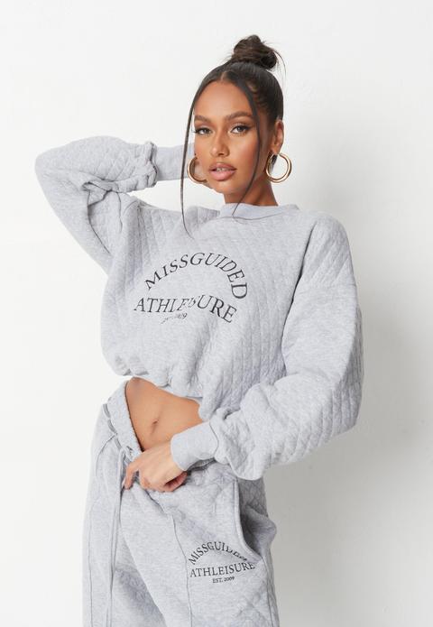 Gris Chiné Sweat Court Gris Matelassé À Inscription Athleisure Jordan Lipscombe X Missguided