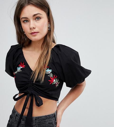 Esclusiva Boohoo - Top Corto Arricciato Con Ricamo Floreale - Nero