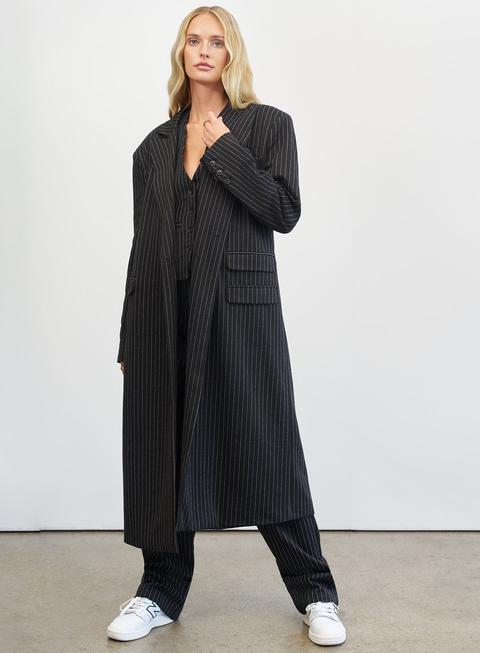 Alessia Longline Coat Black Pinstripe