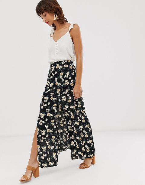 River Island - Gonna Lunga A Fiori Con Spacco Frontale - Nero