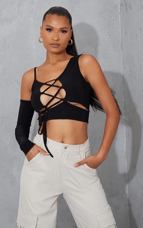 Crop Top Moulant Découpé Noir À Épaules Nues Et Lanières, Noir