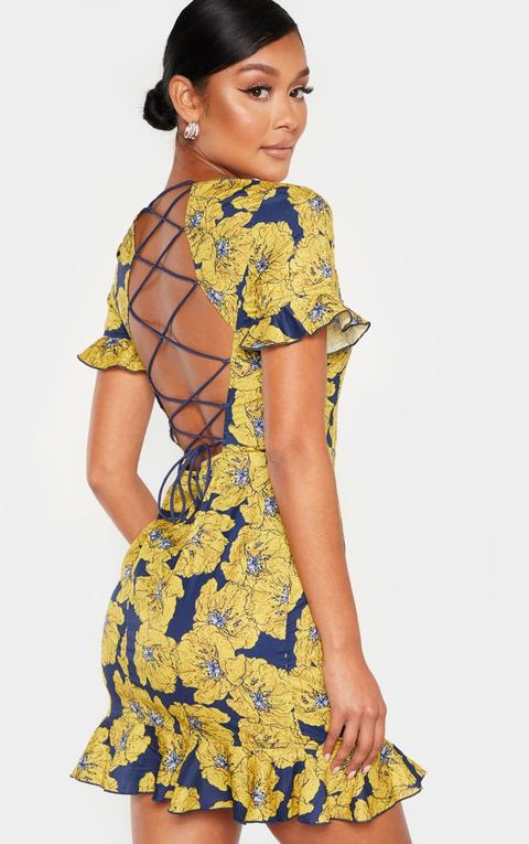 Navy Floral Lace Up Back Frill Hem Bodycon Dress
