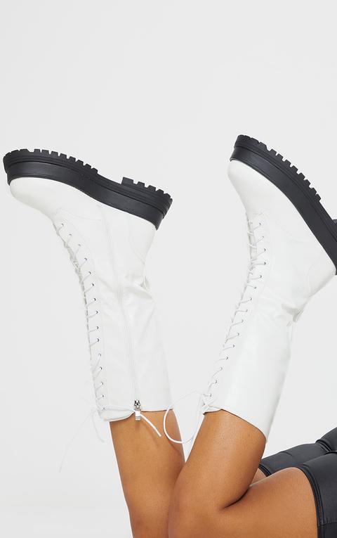 White Lace Up Calf Chunky Boots