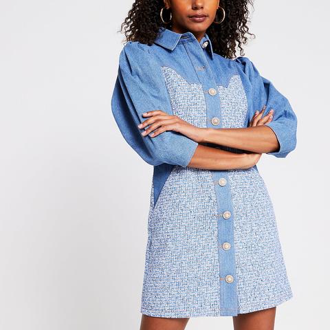 Blue Denim Boucle Mix Shirt Dress