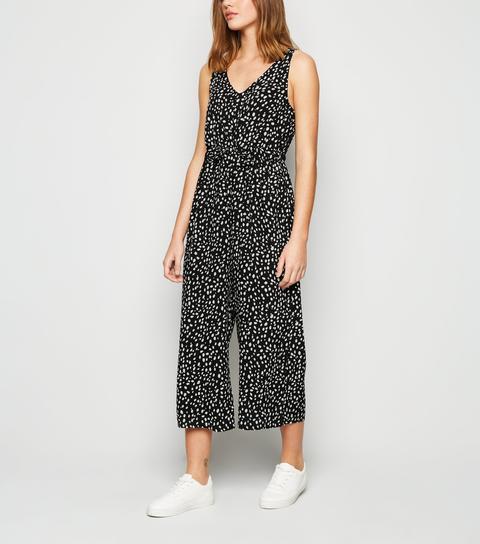 Black Spot Tie Waist Cropped Jumpsuit New Look