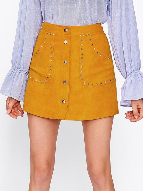 Studded Button Up Suede Skirt