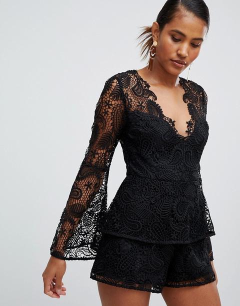 Asos Design - Tuta Corta In Pizzo Con Volant A Balze E Maniche Svasate - Nero